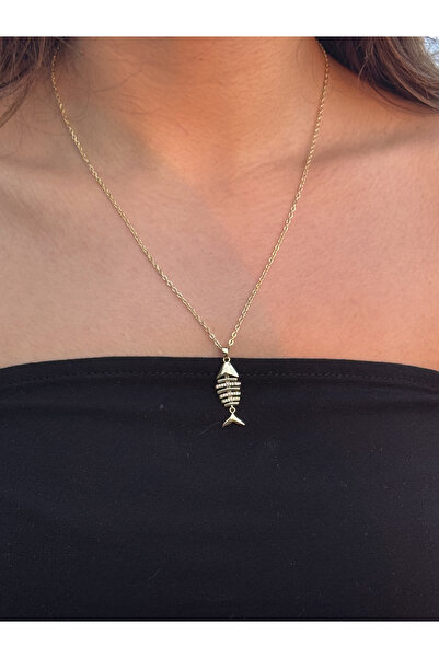 ESMECO Stone Detailed Non-Tarnishing Fish Pendant Gold Color