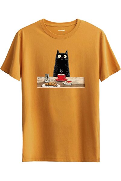 Colermi Breakfasting Black Cat Design T-Shirt