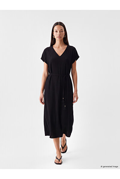 LC Waikiki Trendlucky V-Neck Belted A-Line Textured Dress with Difference