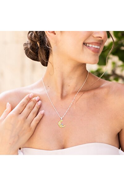 Larezo 925 Silver Necklace, Crescent Moon Pendant With Butterfly And Flowers ...