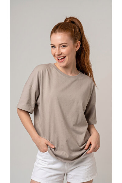 BADESSA Kadın Bej Oversize Bisiklet Yaka Rahat Kalıp Relaxed T-shirt