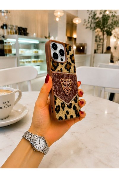 OLEA AKSESUAR iPhone 15 Pro Max Case Leopard Pattern Feathered Stone Embroidered Premium Phone Case
