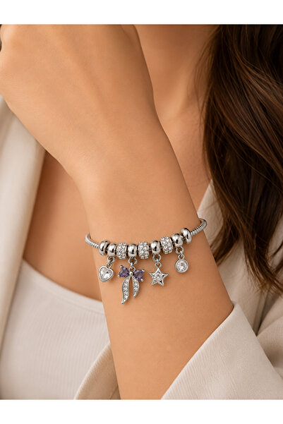 Mervişim Aksesuar Tarnish-Resistant Steel Zircon Stone Bow Detailed Charm Bra...