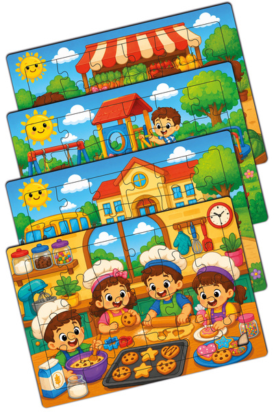 minİQ toys Minikler Keşif Serisi 4/5 AHŞAP 4'lü Yapboz Seti(Mutfakta-Okulda-P...