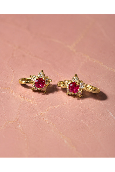 Sarezza Gold 14 Ayar Altın Pembe Taşlı Çiçek Çocuk Halka Küpe