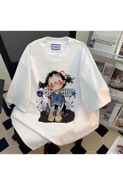 JANTIL MODA Kadın Beyaz Oversize Tişört Sevimli Kız Baskılı Casual Yazlık