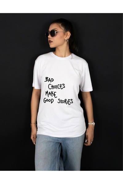 Krays Bad Choices Make Good Stories Written Unisex Crew Neck White T-Shirt - ...