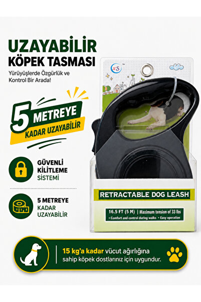 Köpek gezdirme tasması 5 mt. makaralı otomatik siyah XS//S boyutlarda köpek /kedi dostlarınız için