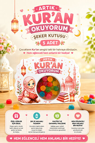 Sticker Ekspres 5 Adet Artık Kur'an Okuyorum Şeker Kutusu Özel Tasarım Hediye...