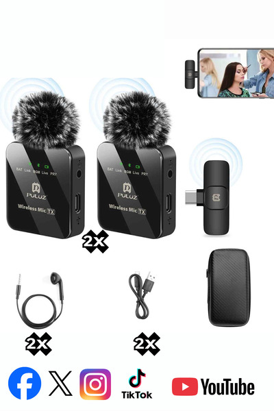 PULUZ 2’li Kablosuz Tüylü Yaka Mikrofonu IOS ve Android Uyumlu, DSP Gürültü A...