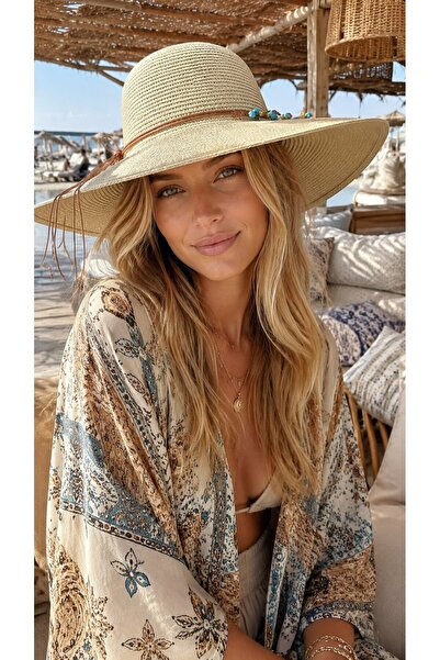 FELLMENS Beige Wide Round Straw Women's Hat with Accessory Detail