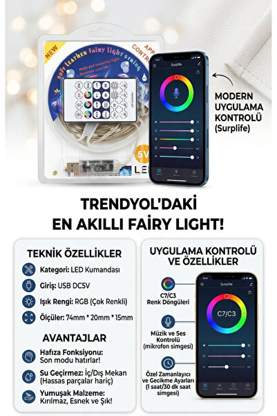 Hanedanev 10 Metre App Kontrollü RGB LED Şerit Işık - Müzik Ses Sensörlü Işık...
