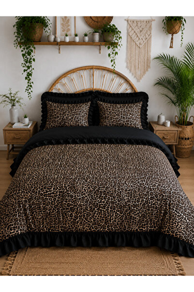 Ganita home Leopar Fırfırlı Çift Kişilik Nevresim Takım | 200 x 220 cm