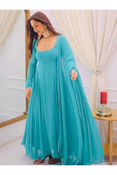 MYSMAR Blue Faux Georgette Top Bottom & Dupatta - FFT6827 | Blue