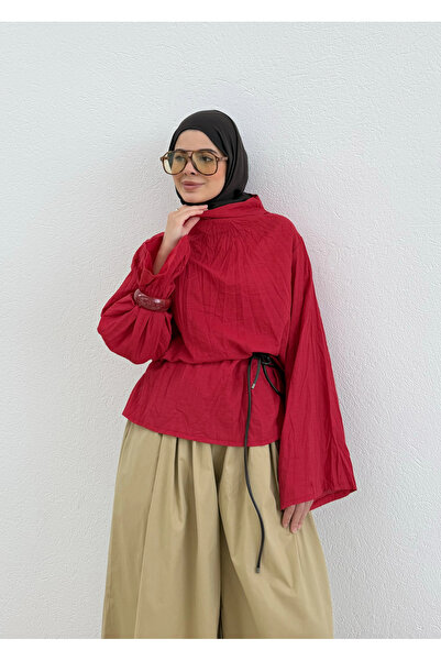 MODA AKSA 262067 CRUSH KETEN DİK YAKA GÖMLEK KIRMIZI