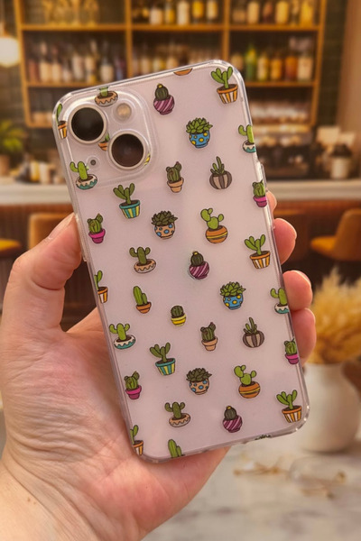 Vip Case iPhone 13 Uyumlu Kaktüs Desenli Şeffaf Darbe Emici Kamera Korumalı C...