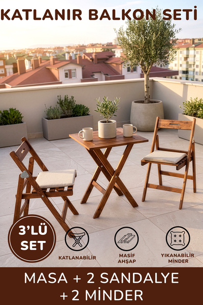 Minimalisso Masif Katlanır Balkon Bistro Set Minderli [3'lü] Bahçe Teras Mutf...