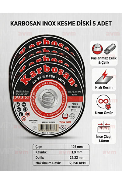 KARBOSAN Inox Paslanmaz Çelik Kesme Diski 125x1.0x22.23 mm 5 Adet