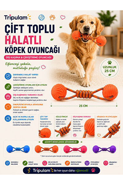 TRİPULAM Çift Toplu Halatlı Köpek Oyuncağı – Diş Kaşıma ve Çekiştirme Oyuncağ...