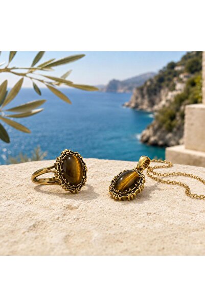 Shinestar atelier Kaplan gözü Taşlı Gold Yüzük ve Kolye Takımı Luna Serisi