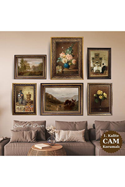 Sanart Çerçeveli Vintage Yağlı Boya Tablo Seti, 6 Parça Çerçeveli Tablo Seti,...