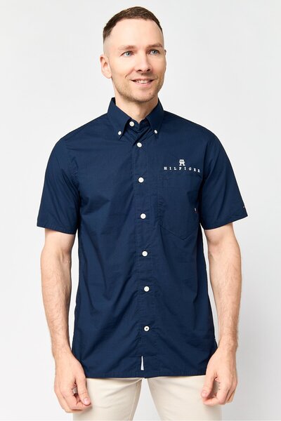 Tommy Hilfiger Men Regular Fit Embroidered Logo Short Sleeve Casual Shirt, Navy