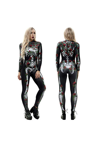 OEM Salopeta Halloween, XL, Elastica, Mulata pe corp, Schelet cu Trandafiri, ...