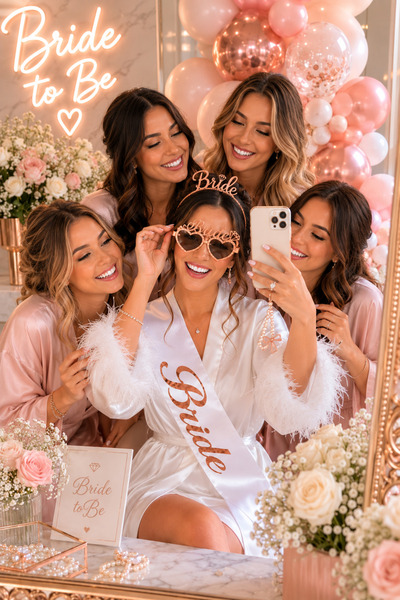 Happyland Bride To Be Rose (Gül) Renk Mika Taç Gözlük Beyaz Kuşak Aksesuar Seti, Gelin Partisi ve Bekarlığa Veda Partisi Aksesuarları