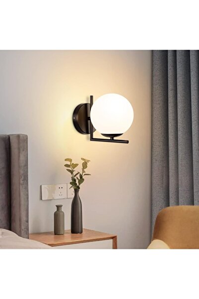 Generic HUA QIANG WANG Modern Globe Wall Sconce, Black Finish L Bar, Opal Glass Ball Shade, Hardwired Wall Light for Bedroom Stairway, Bulb Not Included