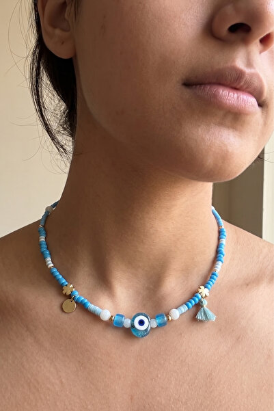 PETEK AKSESUAR Eye of the Cow Blue Evil Eye Clover Necklace