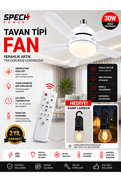 Spech Power Pro 5 Kanatlı Tavan Vantilatörü Uzaktan Ayarlabilir + Güneş enerj...