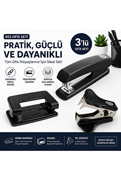 Mas Ofis Seti Siyah No:24 Zımba Makinesi + BİON Delgeç +Tel Sökücü 3'lü Masaü...
