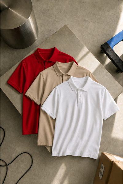 COMBİNE MİCHAİL Men's Short Sleeve 3-Piece Loose Polo Collar T-Shirt