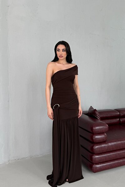 Serica Moda Brown Asymmetrical Collar Long Dress with Waist Buckle