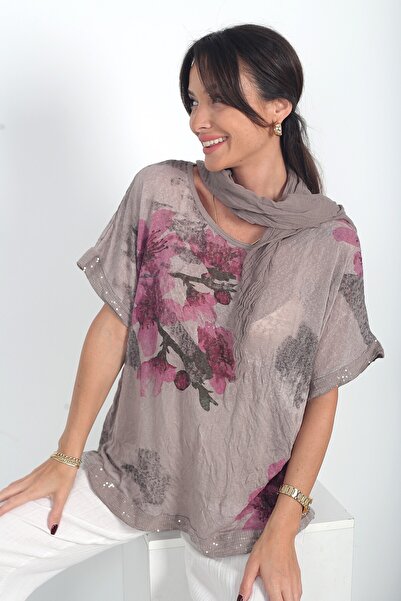 By Saygı Women's Italian Floral Patterned Loose Blouse with Sequins on Sleeve...