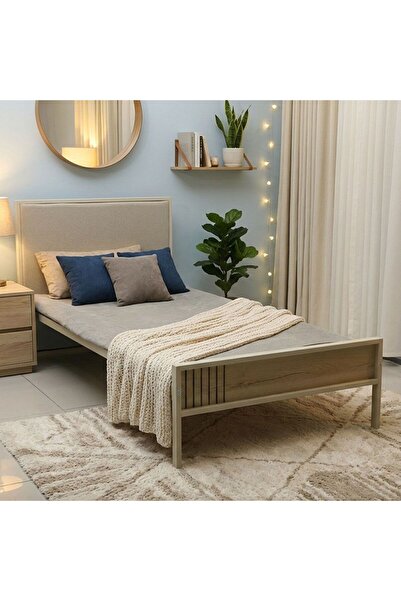 Danube Home سرير معدني بافاريا 120×200 مع لوح رأس مبطن |   إطار سرير خشبي مفر...