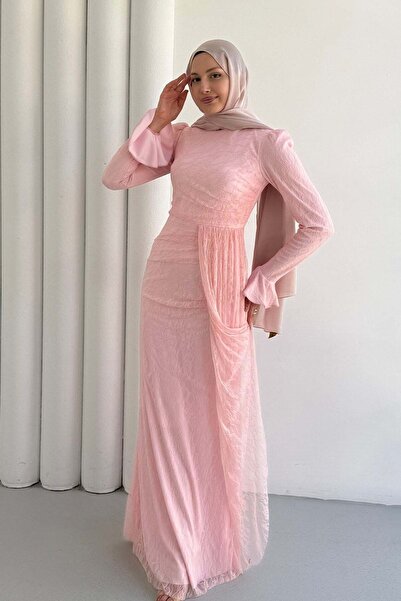 Modaensarbutik Elegance Dantel ve Volan Detaylı Tesettür Abiye-PEMBE
