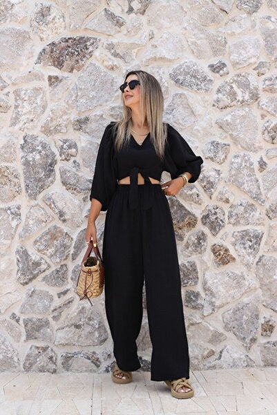 bytugcekaya Black Balloon Sleeve Tie-Down Blouse and Pants Set