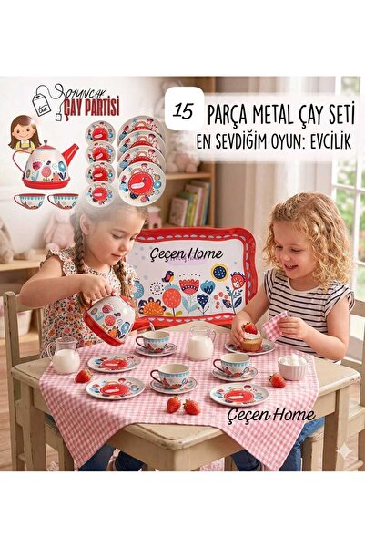 ÇEÇEN HOME 15 Piece Metal Toy Tea Set, Kids' Playhouse Set, Girls' Tea Party ...