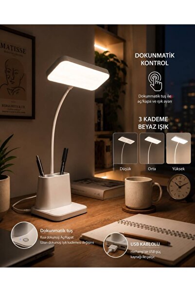 s elsa home Ledli Masa Lambası 3 Kademe Işık Dokunmatik Ayarlanabilir Kalemli...