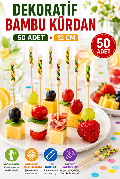 OpenCity 50 Adet Dekoratif Örgülü Bambu Kürdan 12 cm Parti Davet Kokteyl Meyv...