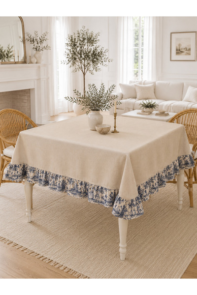 linea natura home مفرش طاولة من الكتان باللون الأزرق الداكن بنمط ريفي فرنسي مزين بكشكشة، مفرش طاولة عتيق الطراز بوهيمي لتزيين غرفة المعيشة والمطبخ