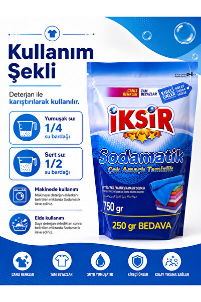 IKSIR Ultra Beyazlatıcı Çamaşır Sodası Optik Etkili Beyazlarda Parlaklık & Renklilerde Canlılık Sodamatik 750 gram