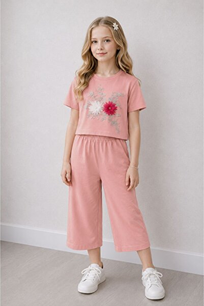 wees mod Girl's Floral Embroidered T-Shirt Wide-Leg Pants Two-Piece Set