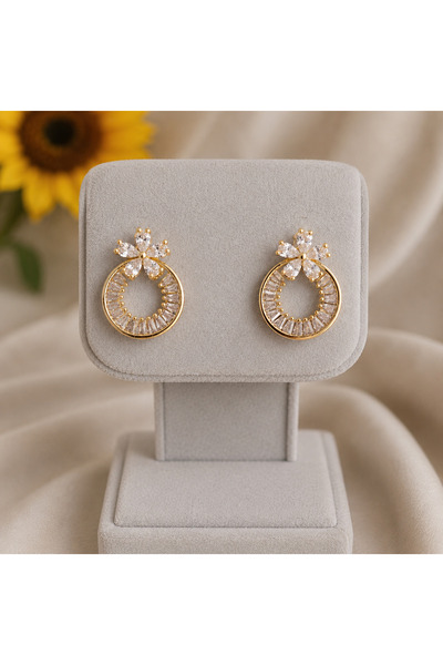 YİĞİTKARANAKSESUAR Brass Zircon Stone Ring Model Flower Figure Women's Earrings