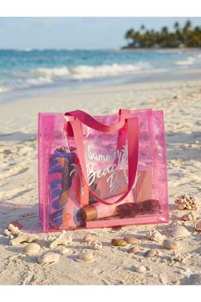 E evalupe Pembe Kadın Beach Bag Baskılı Şeffaf Plaj Çantası M000007257
