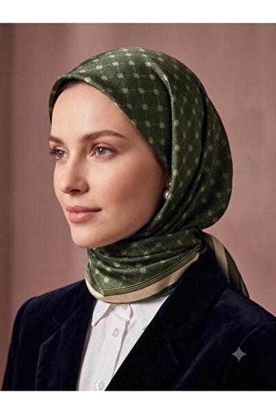 Picasso Silk-Look Khaki Green Crystal Scarf – Twill Stylish Design 90X90