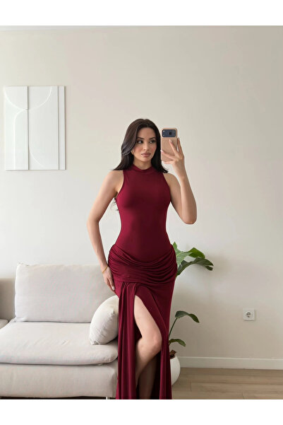 Zoom Butik Halter Yaka Bel Drape Yırtmaçlı Elbise - BORDO