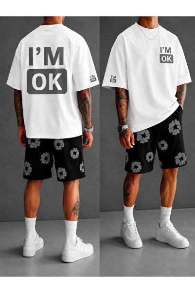 LOTS MODA طقم شورت تي شيرت رجالي مطبوع عليه I'm OK مصنوع من القطن بنسبة 100%