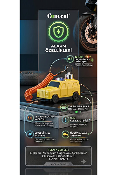 GoldPrestij Type-C Şarjlı Concent Alarmlı Motor Disk Kilidi Hatırlatma Kablol...